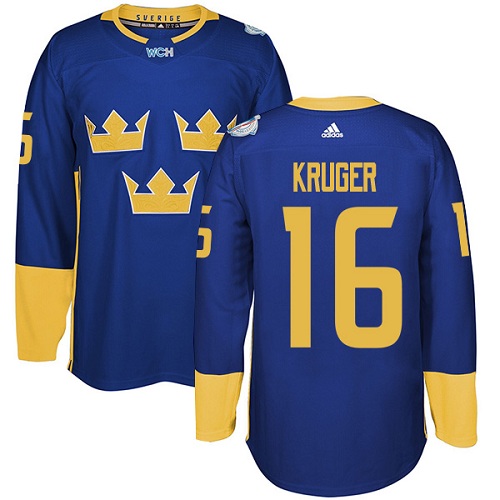 Adidas Team Sweden Trøje 16 Marcus Kruger Authentic Kongeblå Udebane 2016 World Cup ishockey Trøjer – billige trøjer,dansk ishockey trøje,Tilpasset ishockey trøje